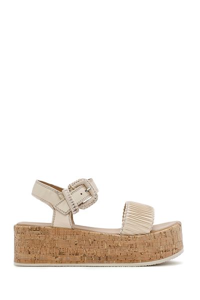 Derimod Beige Leather Sandals - Thick Sole, Ankle Strap, 24SFD131614