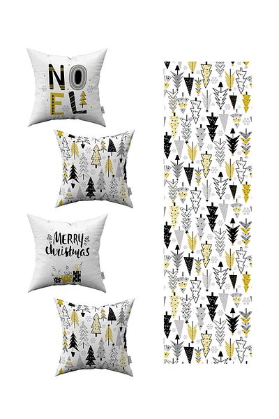 Cango Home Yellow Black Christmas Themed 4-Piece Throw Pillow Cover 1 Runner Set 4kmbs148-rs