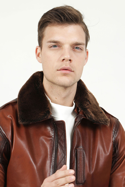 Dericlub Montreal Men's Genuine Leather Savaki Collar Fur Pilot Coat Taba