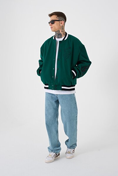 Machinist Мъжко зелено бомбър яке с принт с оверсайз модел "Змия"