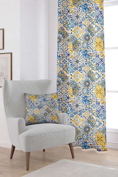 Cango Home Cortina imprimată digitală cu model retro vintage albastru galben Cgh614-pr