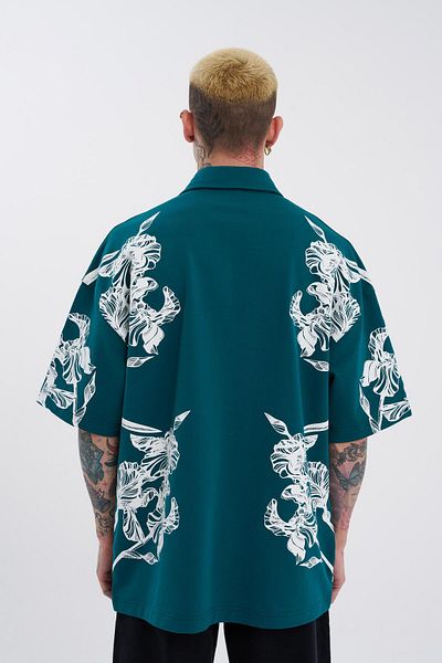 Machinist Petrol Green Polo Neck Men's T-Shirt - Aesthetic Flower Printed