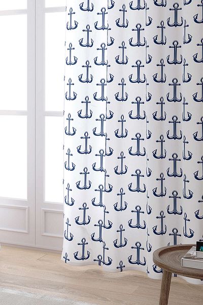 Cango Home White Navy Blue Anchor Patterned Digital Printed Curtain Cgh270-pr