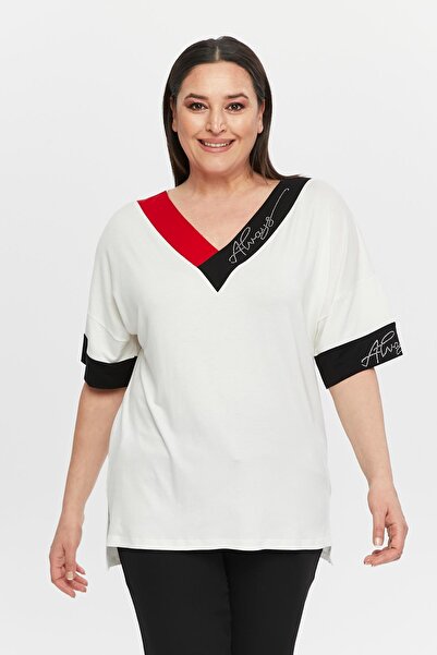 Ebsumu Plus Size White Blouse - Stone Detailed Collar