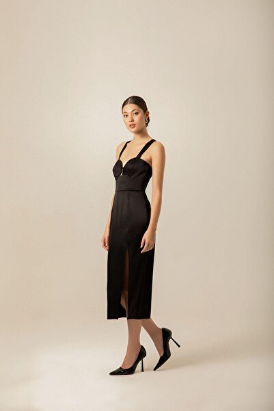 rue Black Satin Midi Dress with Chest Cup