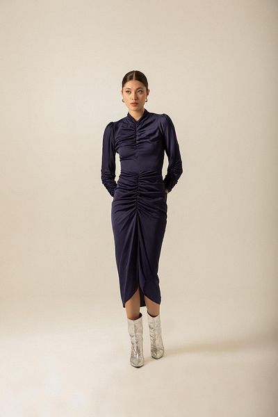 rue Rochie din satin bleumarin adunat