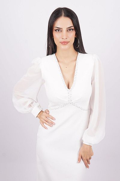SpringStore Rochie de seara cu maneci din sifon brodata cu guler ecru