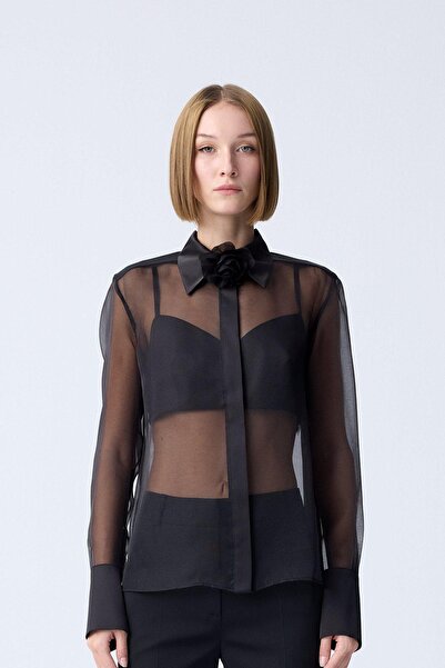 rue Black Transparent Stylish Blouse with Front Buttons