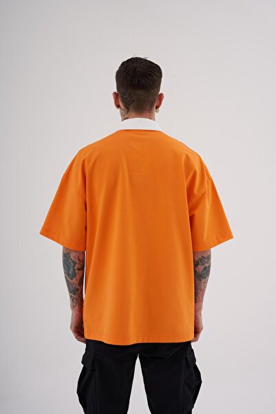 Machinist Men's Basic Oversize Orange Ecru Polo Neck T-Shirt