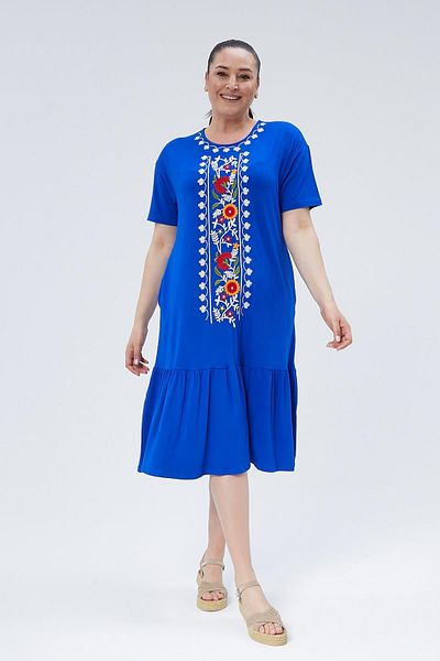 Ebsumu Broderie florală colorată - Rochie plisată lungă, albastră, de damă, mărime Plus