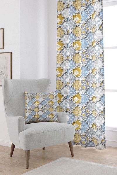 Cango Home Yellow Blue Ethnic Vintage Patterned Digital Printed Curtain Cgh583-pr