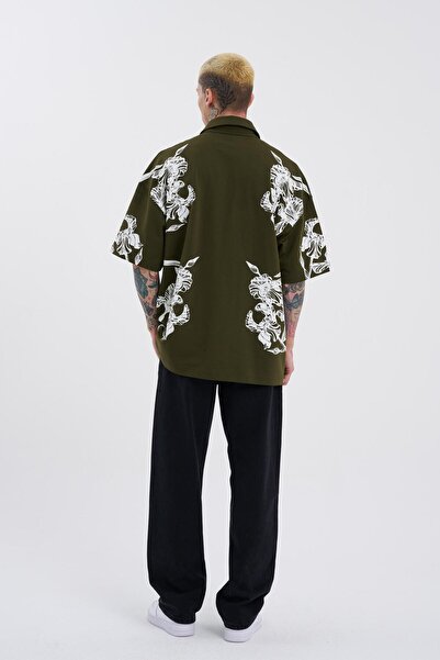 Machinist Men's Flower Printed Khaki Polo Collar T-Shirt - Aesthetic