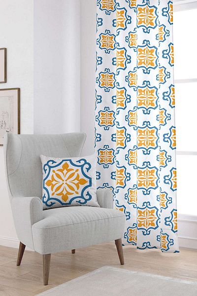 Cango Home White Blue Modern Ethnic Tile Patterned Digital Printed Curtain Cgh578-pr