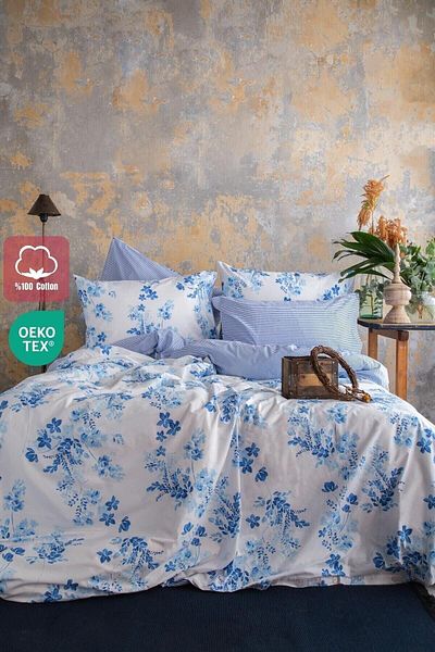 Leruum London طقم غطاء لحاف كبير الحجم مخطط زهري أزرق غطاء لحاف 240 × 220 و2 كيس وسادة كينج 100% قطن