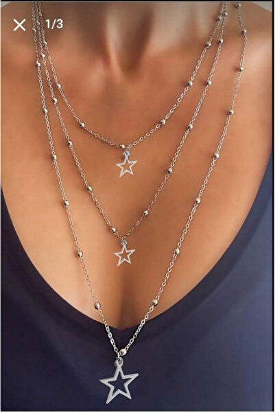 TakıConcept Yıldız Detaylı Gümüş Renk Top Zincirli Üçlü Çoklu Sallantılı Uzun...