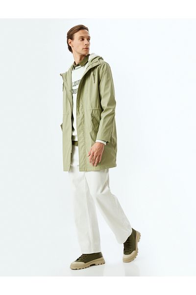 Koton Hooded Slim Fit Zippered Faux Leather Raincoat
