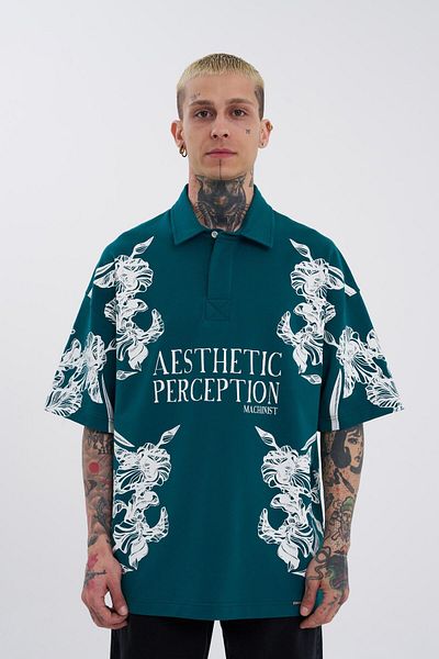 Machinist Petrol Green Polo Neck Men's T-Shirt - Aesthetic Flower Printed