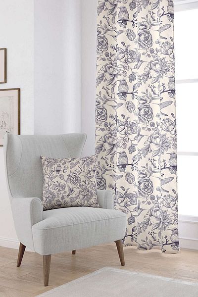 Cango Home Μπεζ Navy Blue Flower Bird μοτίβο ψηφιακής τυπωμένης κουρτίνας Otyk800-pr
