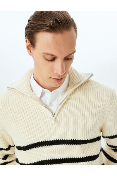Koton Half Zippered Striped Knitwear Sweater