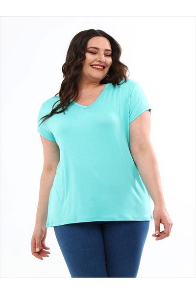 Ebsumu Women's Plus Size V-Neck Basic Short Sleeve Turquoise T-Shirt
