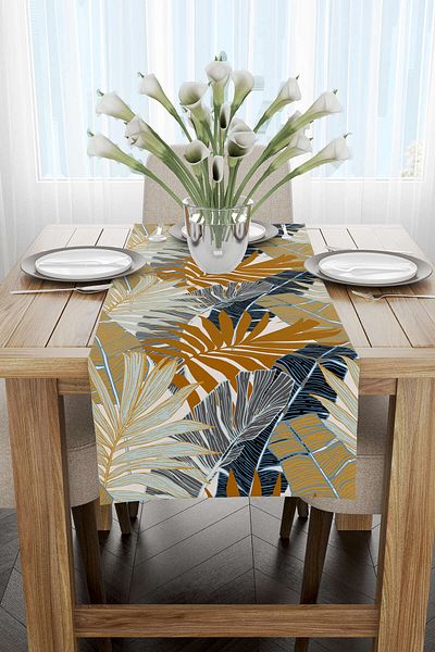 Cango Home Runner cu imprimare digitală cu model de frunze tropicale maro bleumarin - Otyk767-rn