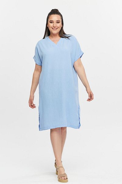 Ebsumu Women's Plus Size Button Detailed Linen Blue Dress