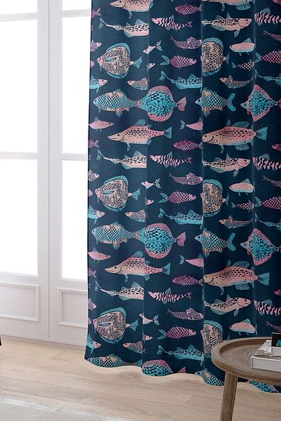 Cango Home Κουρτίνα με ροζ Navy Blue Fish Figured Digital Printed Cgh257-pr