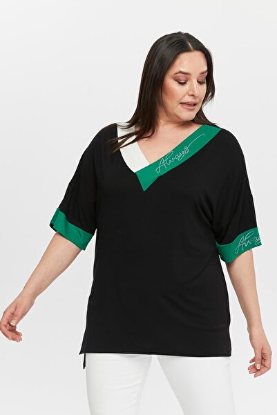 Ebsumu Plus Size Women's Black Blouse with Stone Detail
