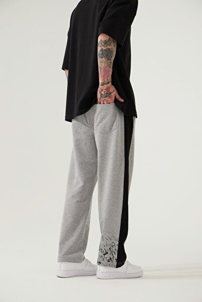 Machinist Ανδρικό παντελόνι Just One Life με τύπωμα oversized από οργανικό βαμβάκι γκρι μελανζέ