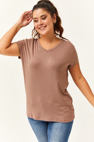 Ebsumu Women's Large Size V-Neck Basic Short Sleeve Mink T-Shirt
