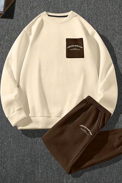Know Herren-Trainingsanzug-Set mit 3 Fäden in Beige, Kaffeetasche, Kalifornien, bedruckt, unten oben