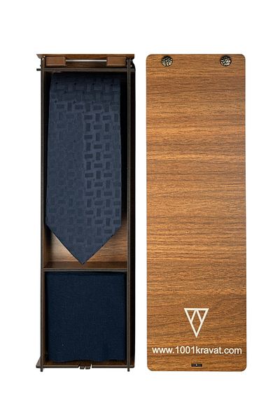 1001 Kravat Men's Gift Set with Wooden Box, Navy Blue Silk Tie and Bamboo Socks