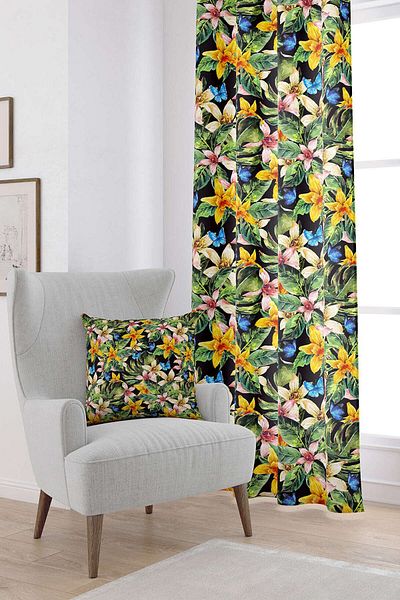 Cango Home Black Multicolored Tropical Patterned Digital Printed Curtain Otyk791-pr