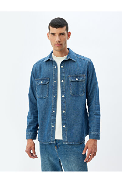 Koton Baumwoll-Langarm-Jeanshemd-Jacke – Kappe mit Taschendetail