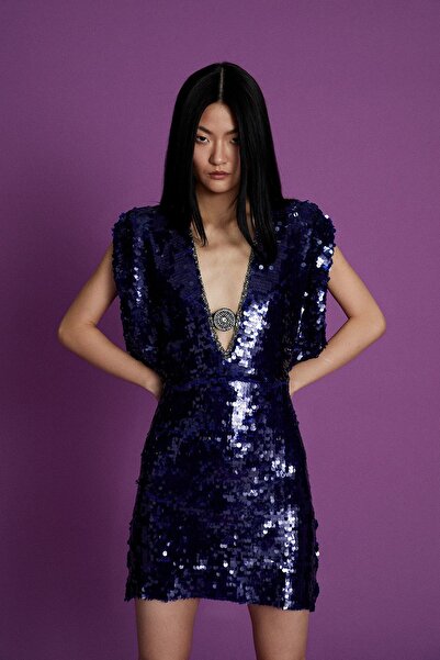 rue Dekolteli Payetli Saks Mini Elbise