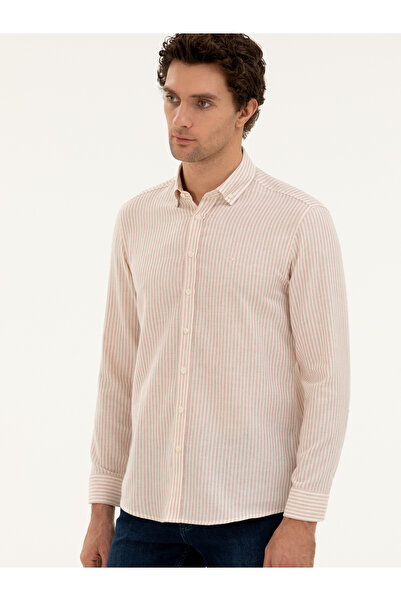 Cacharel Pembe Regular Fit Yün Karışımlı Çizgili Gömlek 50272907-VR041