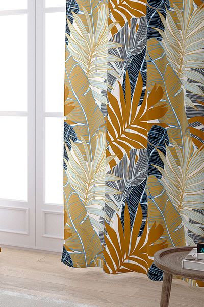 Cango Home Καφέ Navy Blue Tropical Leaf μοτίβο ψηφιακής τυπωμένης κουρτίνας Otyk767-pr