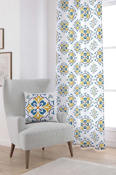 Cango Home Alb Albastru Modern Etnic Tigla Model Digital Printed Cortina Cgh565-pr