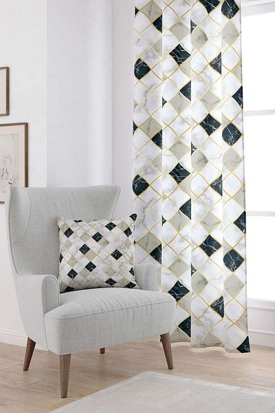 Cango Home White Black Geometric Abstract Marble Patterned Digital Printed Curtain Ylms82-pr