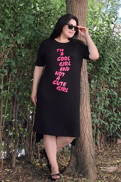 Ebsumu Γυναικείο Μαύρο Φόρεμα με Ροζ Γράμματα Highlighter Plus Size