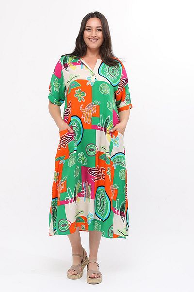 Ebsumu Plus Size Green Dress - Nature and Flower Printed with Pockets