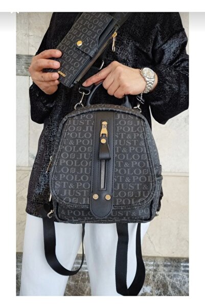 Just Polos Just Polo Leather Women's Black Backpack and Shoulder Bag and Comb...