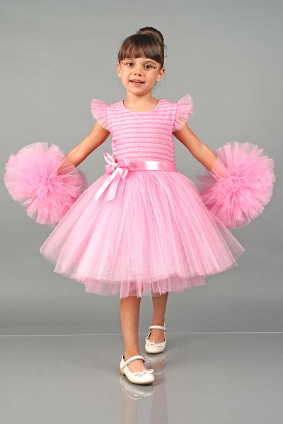 Mixie Pink Pompom Sleeves Tulle Girls' Evening Dress Party Dress