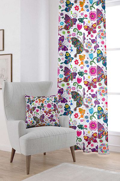Cango Home White Multicolored Butterfly Patterned Digital Printed Curtain Otyk546-pr