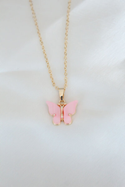 Nehir Gold Plated Pink Pearlescent Butterfly Necklace Valentine's Mother's Te...