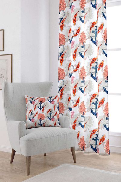 Cango Home Orange White Fish Marine Patterned Digital Printed Curtain Cgh013-pr