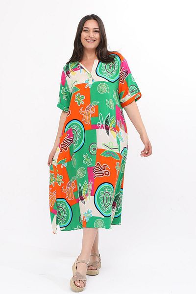 Ebsumu Plus Size Green Dress - Nature and Flower Printed with Pockets