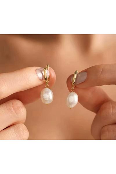 YASİN TOPÇU Steel Gold Real Pearl Look Luxury Earrings
