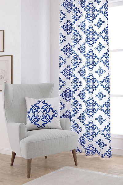 Cango Home Λευκό μπλε μοντέρνο έθνικ πλακάκι με μοτίβο ψηφιακής τυπωμένης κουρτίνας Cgh566-pr