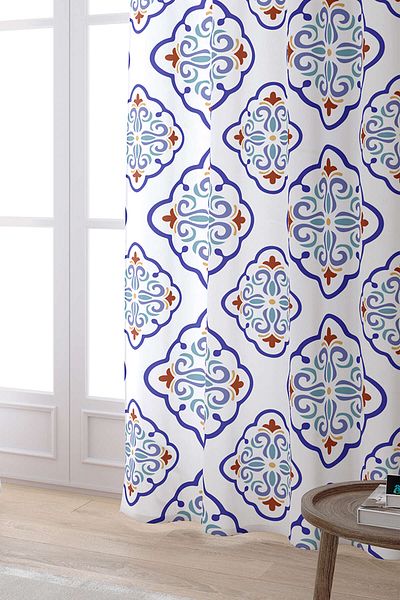 Cango Home White Blue Modern Ethnic Tile Patterned Digital Printed Curtain Cgh573-pr